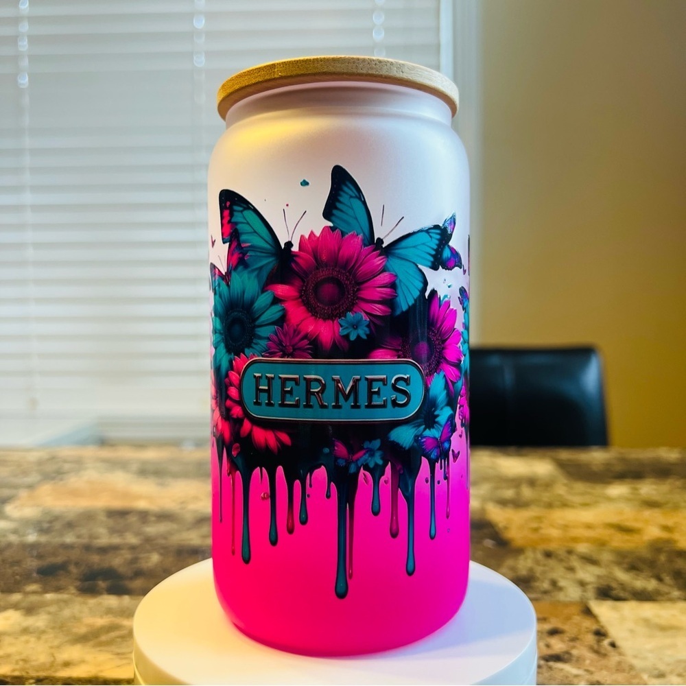 Pink & Teal Floral Butterfly 16 oz Glass Tumbler